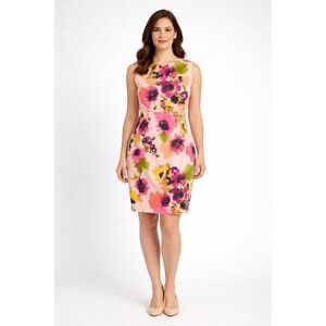 Liz Claiborne Floral Sheath Dress Women's Size 16 Stretch Colorful Spring Lined
